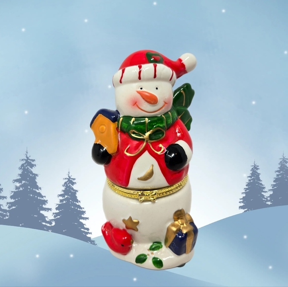 Greenbrier Porcelain Limoge Box Trinket Happy Snowman Ready For Gift Giving - Picture 1 of 9